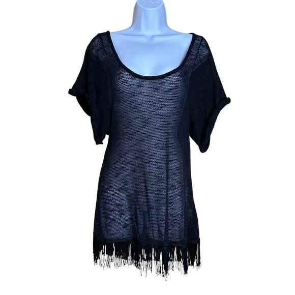 Free People Black Sheer Knit Fringe Hem Top Size S Boho Festival Tunic - Picture 1 of 3
